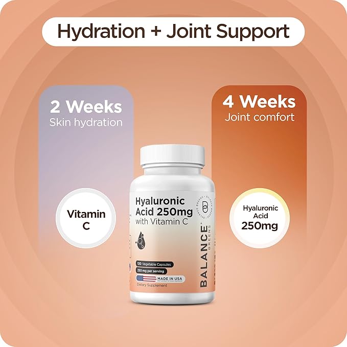 Pure Hyaluronic Acid Supplement 250mg with Vitamin C 50mg 120 Vegan Capsules - Skin Hydration for Natural Glow Hair Nails Bone &amp Joint Health Formula