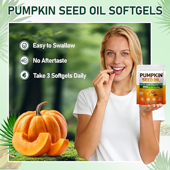 Pumpkin Seed Oil with Saw Palmetto Cold-Pressed 300 Softgels Hair Growth Radiant Skin Urinary &amp Prostate | Rich in Fatty Acids &amp Phytosterols | Pure &amp Natural Non-GMO