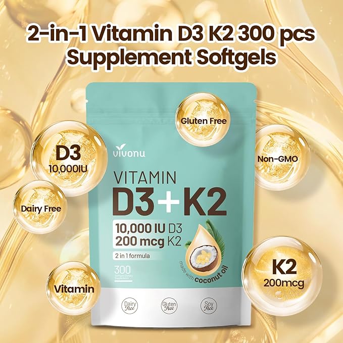 VivoNu Vitamin D3 K2 10000 IU with MK7-300 Virgin Coconut Oil Softgels 2 in 1 Vitamins D &amp K Complex | Vitamina D3 con K2 ((2Bag))