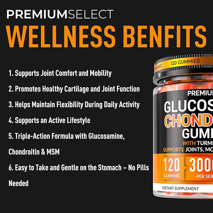 Glucosamine Chondroitin Gummies for Joint Support – 120 Glucosamine Gummies Extra Strength 3000mg with MSM Turmeric Calcium Vitamin D3 – Sugar Free Vegan Adults Supplement – Flexibility &amp Mobil