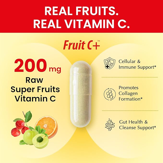 Organic Veda Fruit C+ Vitamin C Complex - 1250mg Organic Whole Food Vitamin C Supplement with Citrus Bioflavonoids Acerola &amp Amla - Daily Antioxidants Immunity Collagen Boost - 120 Vegan Capsul