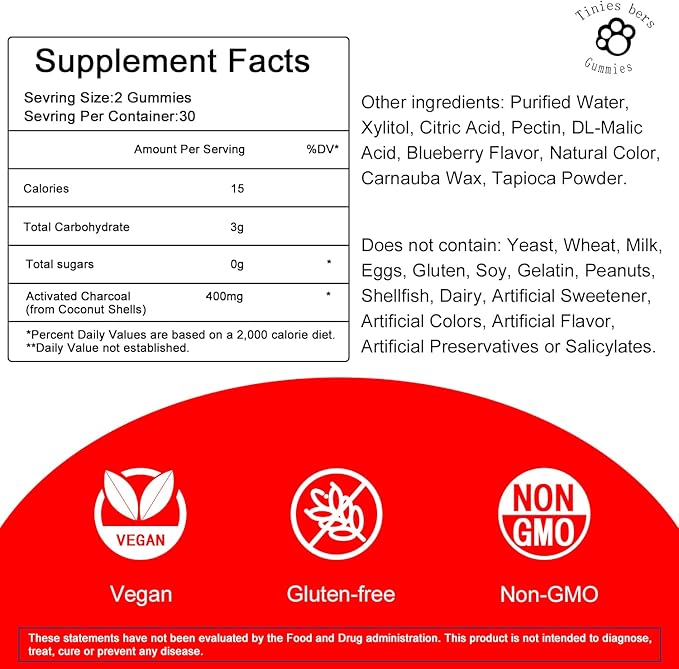 Tinies bers Activated Charcoal Gummies 400mg Magnesium Oxide Gummies 500mg Sugar Free for Adults &amp Kids Quicker to Cleanse Detox Gas Relief Gut &amp Oral Health Best Mg Form for ‘Digestion’