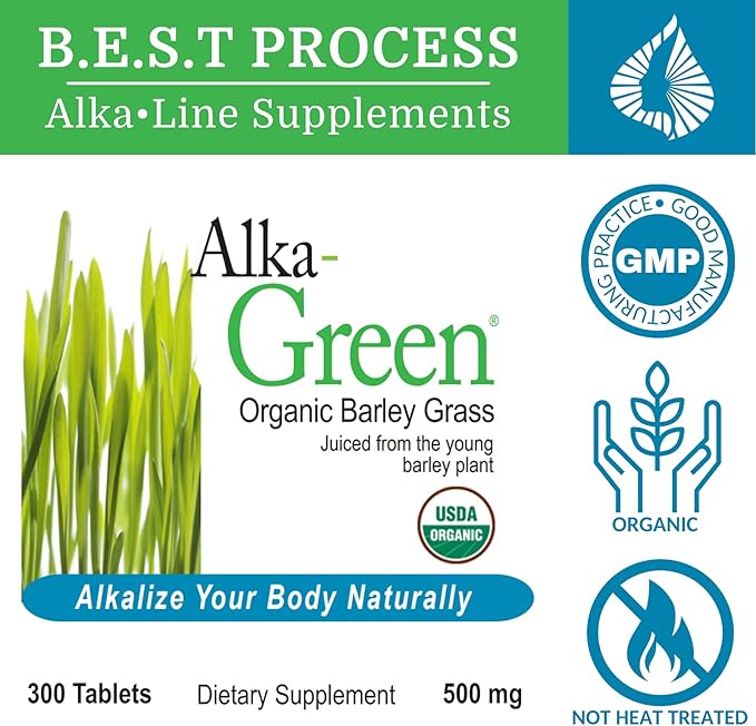 Alka•Green Tablets (6 Pack) Best Process Alkaline — Nutrient Dense Organic Barley Grass Supplement — Natural Source of Enzymes &amp Amino Acids