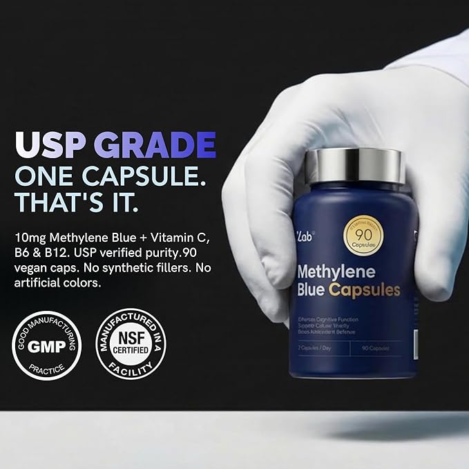 ZAB Methylene Blue Capsules Brain Supplement for Humans with Vitamin C &amp B Complex Blue Methylene 10 mg per Capsules Memory Clarity &amp Cognitive Support USP Grade Supplement