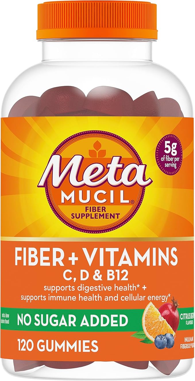 Metamucil Fiber Gummies for Adults with Vitamins C D B12 for Metabolism No Sugar Added Citrus Berry Flavor 5g Plant Based Prebiotic Fiber Supplement Blend 120 Count