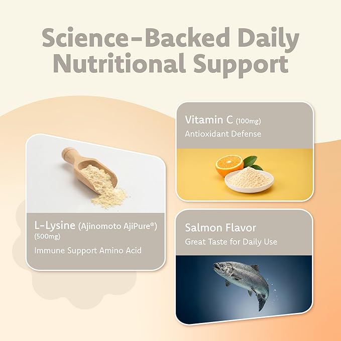 LOVITA Pets L-Lysine Powder for Cats &amp Dogs Immune Support Pet Supplement with AjiPure L-Lysine and Vitamin C Salmon Flavor for Daily Use Includes Scoop