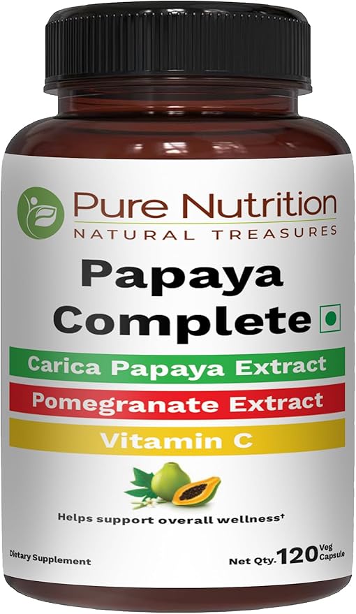 Pure Nutrition Papaya Complete | 120 Caps | Carica Papaya Leaf Extract with Iron VIT C VIT A &amp Folic Acid | Supports Platelet Immunity &amp Digestion Non-GMO | Gluten-Free