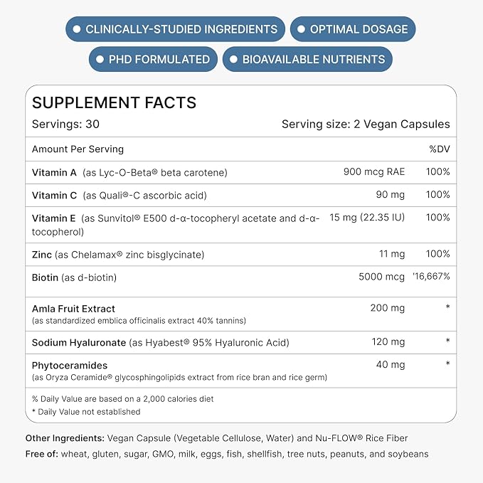 GLOW Anti Aging Supplement - Hyabest® Hyaluronic Acid Phytoceramides 5000 mcg Biotin Vitamin A C E Zinc - Hair Skin Nails Vitamins for Women &amp Men - Wrinkles &amp Skin Hydration - 60 Capsul