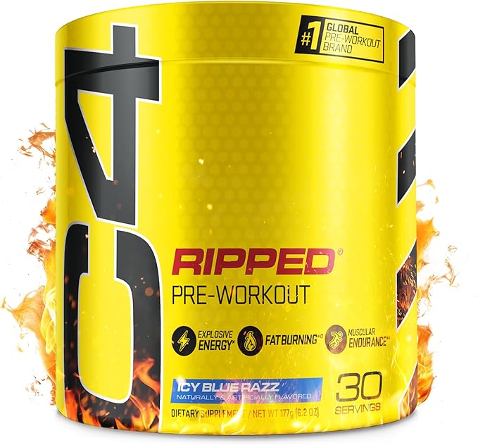 C4 Ripped Pre Workout Powder for Energy Beta Alanine Sugar Free Energy Supplement Preworkout for Men &amp Women - 150mg Caffeine + Creatine-Free - Icy Blue Razz - 30 Servings