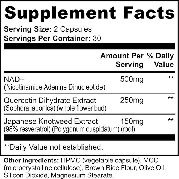 NAD+ Cellular Energy and Healthy Aging Support 60 Capsules with Quercetin and Resveratrol 500mg Metabolism Support DNA Repair Resveratol and Quercetin