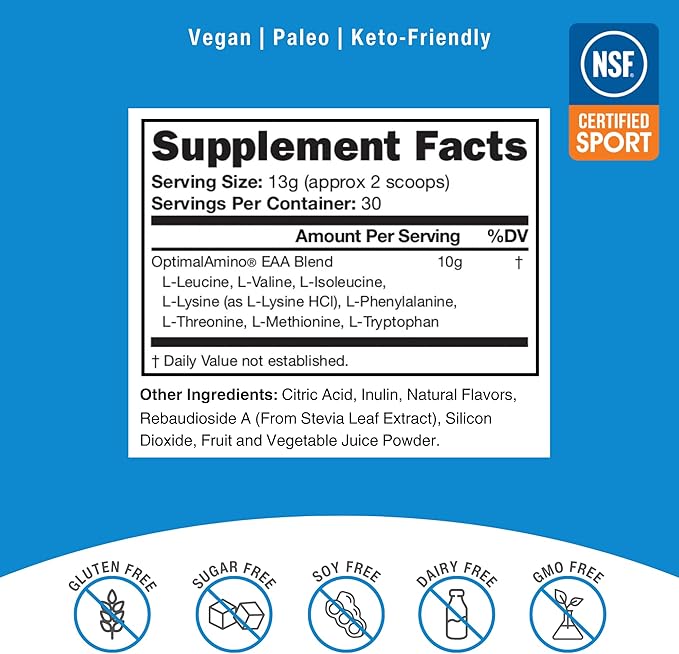 OptimalAmino Amino Acid Powder | 99% Utilized Essential Amino Acid (EAA) Supplement | Pre/Post Workout &amp Muscle Recovery | NSF for Sport Certified | Sour Green Apple Flavor