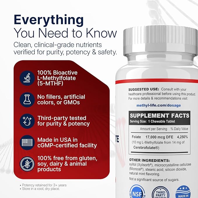 Methyl-Life® L-Methylfolate 10 mg - Chewable Active Folate Tablets with ultrapure Form of Cerebrofolate® (L-5-MTHF Calcium) | Vegan Non-GMO Gluten-Free | 90 Chewable Tablet