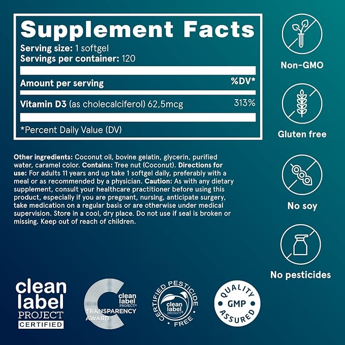 Puori Vitamin D3 Softgels 2500 IU (62.5 mcg) - Fast Absorbing Vitamin D3 Supplements for Immune System Support Bone Health &amp Density and Healthy Muscle Functions - Non-GMO &amp Gluten-Free - 12