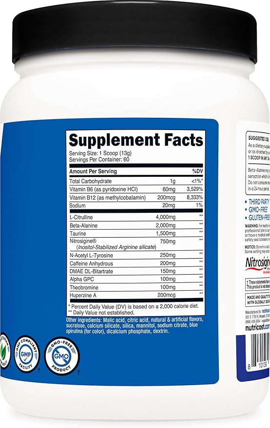 Nutricost Pre-Workout Complex Powder (60 Servings Blue Raspberry) - Pre-Workout Supplement with Beta-Alanine Taurine &amp Amino Acids (Pack of 2)