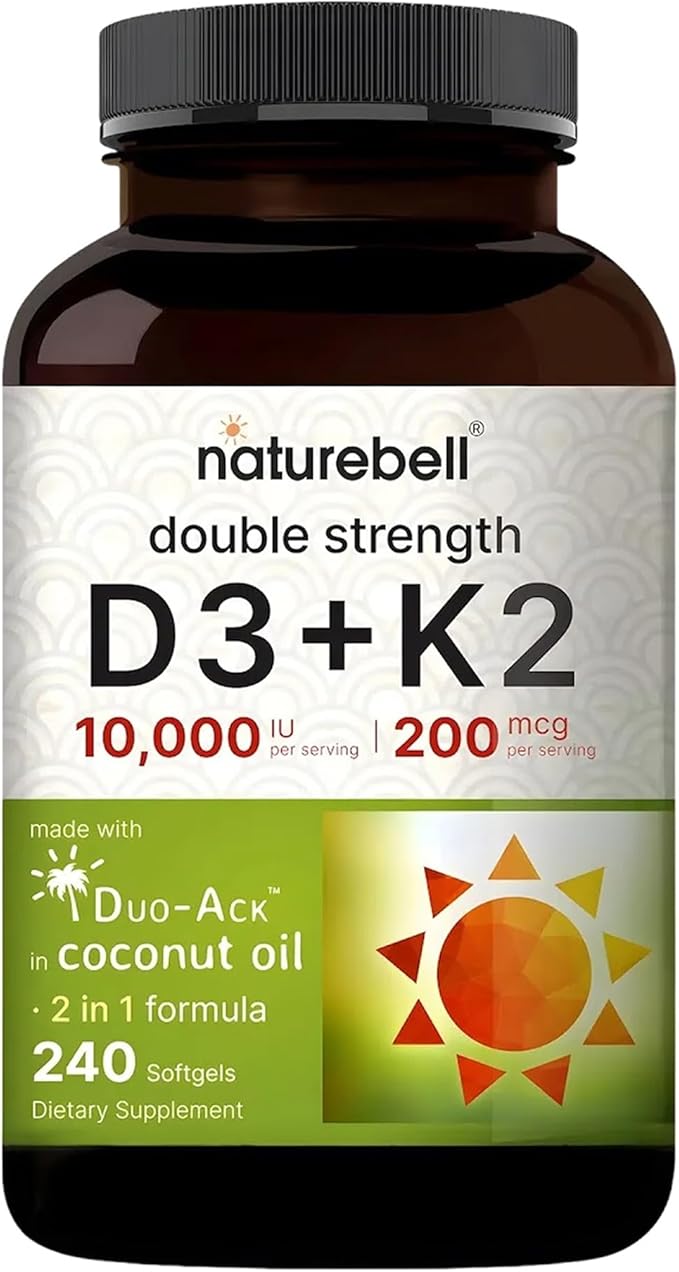 NatureBell Vitamin Double Strength D3 + K2-240 Softgels - 10000 IU Vitamin D &amp 200mcg K2 - Bone Strength Immune Function &amp Calcium Absorption Support* - Coconut Oil Infused