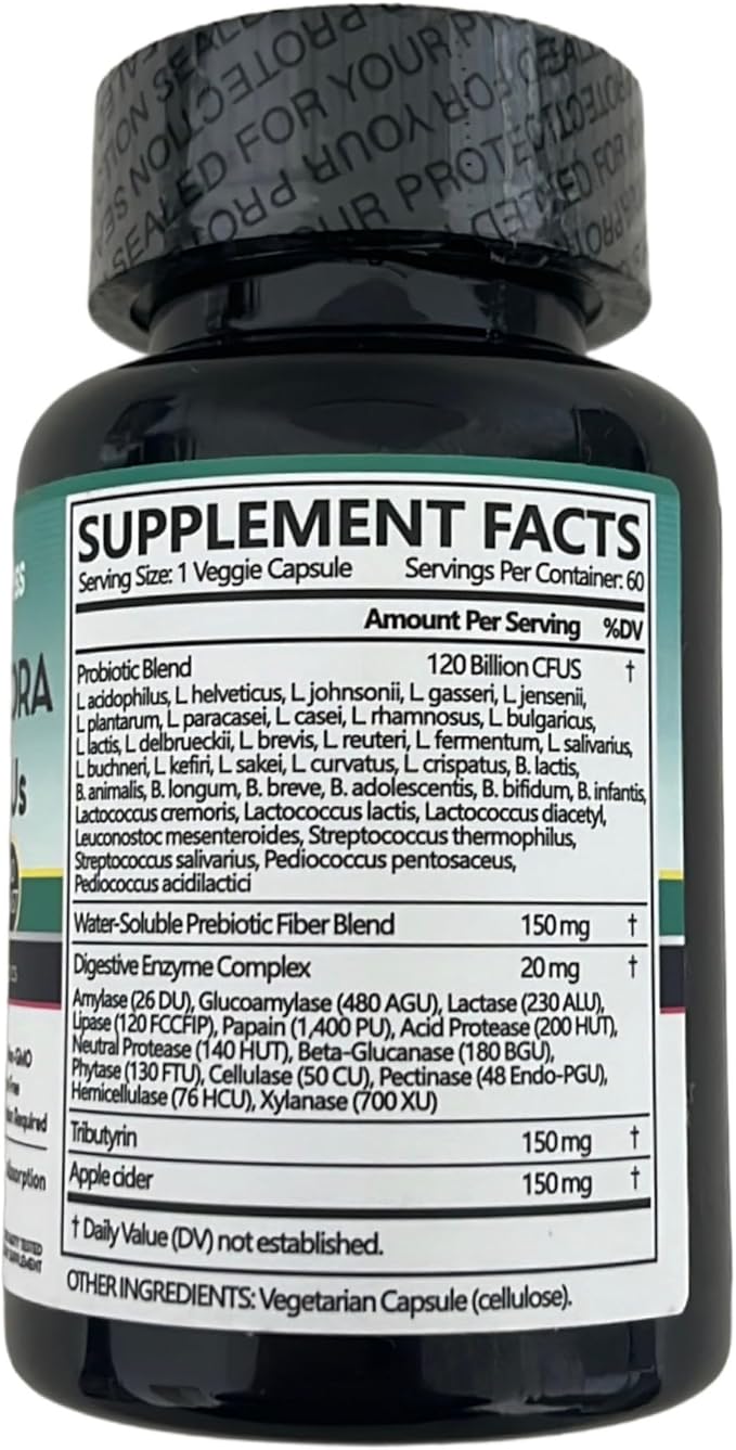 3 Pack: Intestinal Flora Probiotic 120 Billion CFUs 180 Vegetable Capsules Digestive Health Support with Pre &amp Postbiotics Acid Resistant Shelf Stable 6 monthsd Supply.