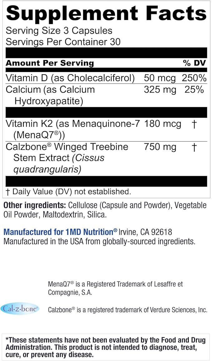 1MD Nutrition OsteoMD for Comprehensive Support - Supplement for Women and Men - Promote Density w/Vitamin D - Hydroxyapatite w/Vitamin D3 &amp K2-90 Capsules