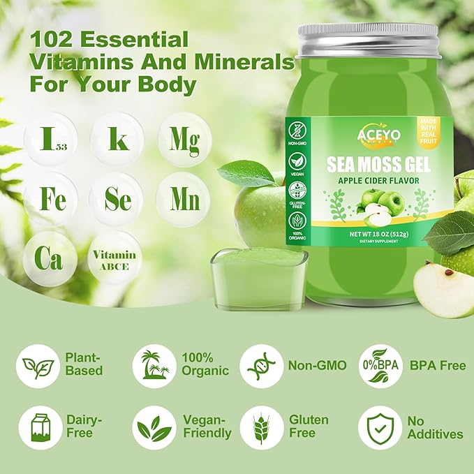 (18 OZ) Irish Sea Moss Gel Organic Raw Vegan Apple Flavor 102 Vitamins and Minerals Wild Harvested Non-GMO Immune Defense Booster Thyroid Digestive Support