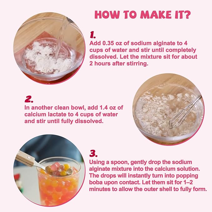 DIY Popping Boba Kit – Make Juice Pearls at Home | Sodium Alginate &amp Calcium Lactate Set 2oz Each Food Grade Molecular Gastronomy Starter Kit