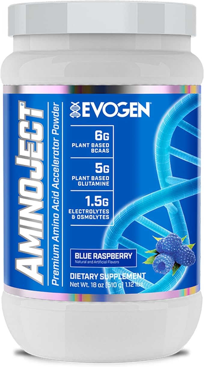 Evogen AminoJect - Premium BCAA Powder &amp EAA Recovery Formula with Electrolytes | Amino Acids Supplement for Muscle Growth Hydration &amp Recovery | Blue Raspberry | 30 Servings