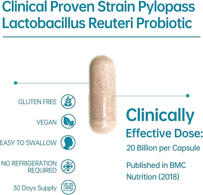 5-in-1 High Potency H. Pylori Probiotic 1 Per Day - Supports Gastric Lining Integrity Occasional Indigestion Acid Comfort - Pylopass Lactobacillus Reuteri Gluten Free Vegan 30ct Made in Germany