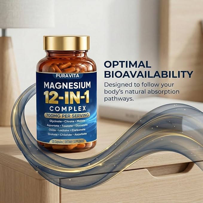Puravita Magnesium Complex Puravita 12 in 1 Magnesium Supplement 700mg with Glycinate Citrate Malate Oxide Taurate &amp More – High Absorption for Muscle Nerve &amp Sleep Support 120 Capsules