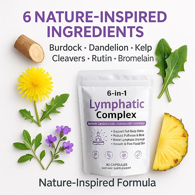 6 in 1 Lymphatic Complex Capsules – Lymphatic drainage with Burdock Dandelion Kelp Cleavers for Reduce Bloat Balance Cortisol Full Body Detox &amp Skin Vitality | Vegan · Non-GMO 90 Capsules (1)