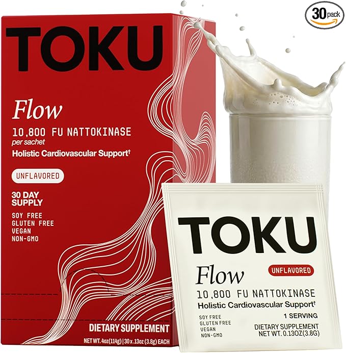 Toku Nattokinase 10800 FU Supplement with Vitamin K2 MK7 &amp Oat Beta Glucan Daily Circulation Support Powder Plant-Based Drink Mix Soy-Free 30 Single-Serve Packets - Unflavored