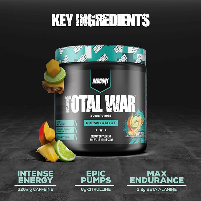 REDCON1 Total War Pre Workout Baja Bomb - Beta Alanine + Citrulline Malate Keto Friendly Preworkout for Men &amp Women with 320mg of Caffeine - Fast Acting (30 Servings)