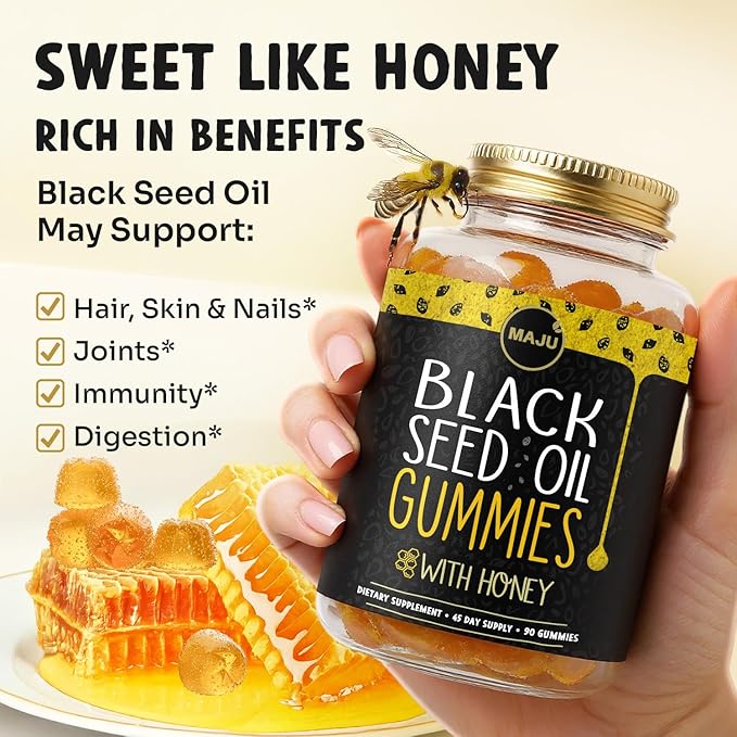 MAJU's Black Seed Oil Gummies with Honey 90ct 500mg BSO Gummy Black Cumin Seed Nigella Sativa Oil Cold-Pressed Potent Formula 90ct (3-Pack)
