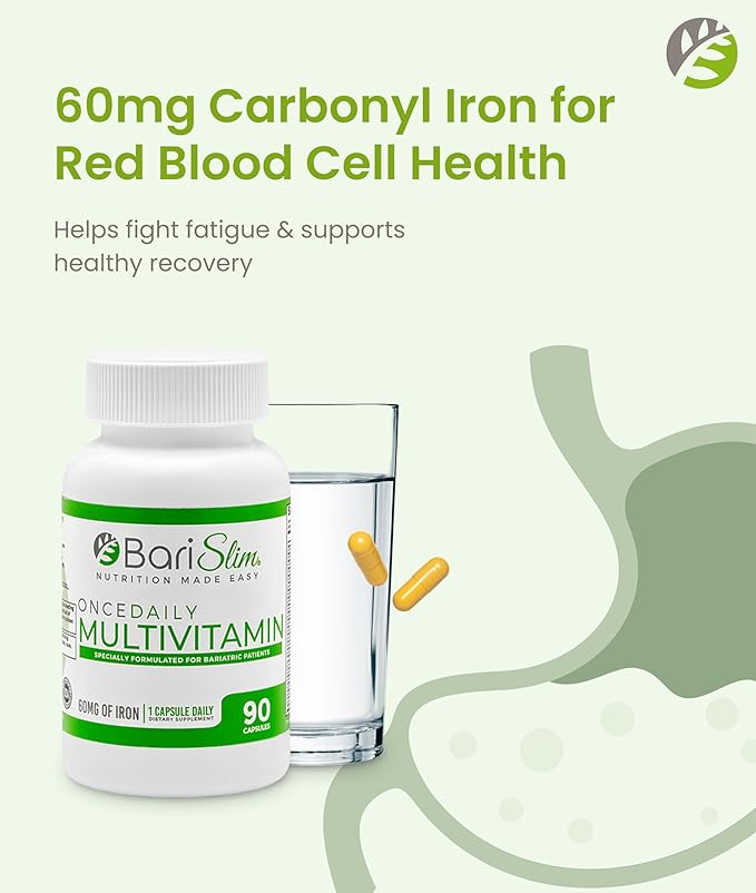 BariSlim Once Daily Bariatric Multivitamin Capsule - 60mg of Iron - Bariatric Vitamin &amp Supplement for Post WLS Surgery Including Gastric Bypass &amp Gastric Sleeve | 90 Day Supply