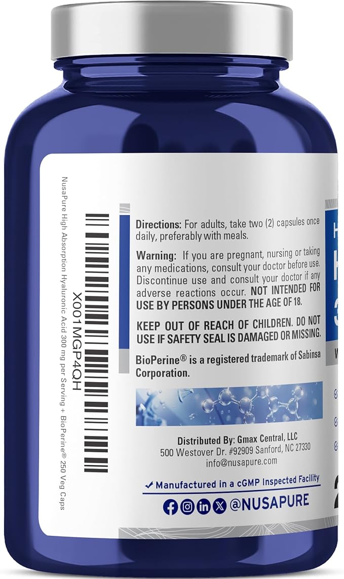 NusaPure Hyaluronic Acid 300mg 250 Veggie Capsules (Non-GMO Vegan)