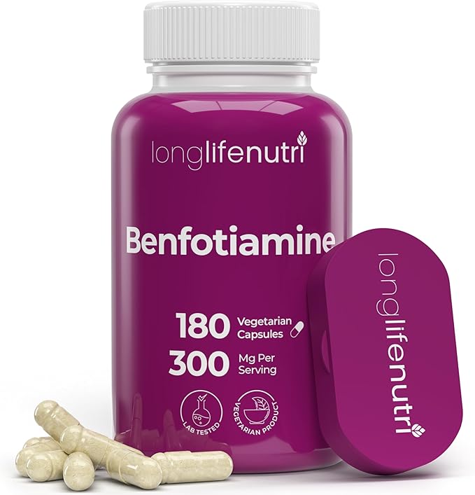 LongLifeNutri Benfotiamine 300mg – 180 Vegetarian Capsules 6-Month Supply Fat-Soluble B1 Thiamine Supplement for Energy and Wellness Lab Tested Made in USA