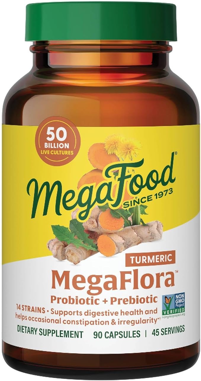 MegaFood MegaFlora Probiotics + Prebiotics Turmeric Supplement - Prebiotics and Probiotics for Women and Men Digestive Health 50 Billion CFUs 14 Strains - 90 Capsules (45 Servings)
