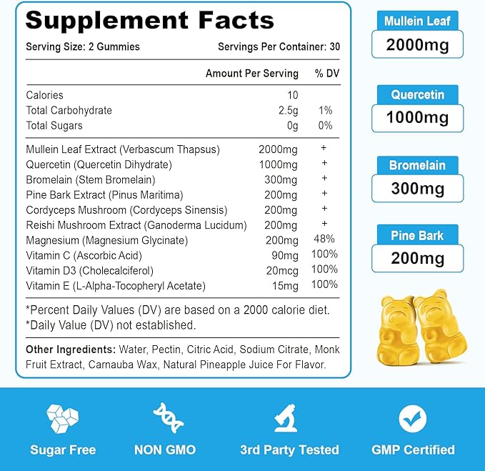 Mullein Gummies Mullein Leaf Extract for Lungs Gummies with Bromelain Quercetin Magnesium - Lung Detox &amp Cleanse Pineapple Flavor 120Cts