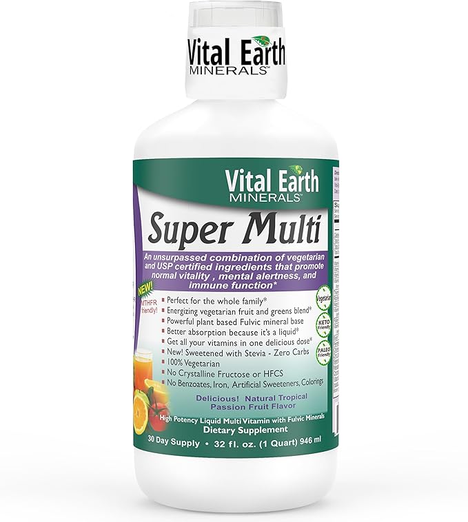 Vital Earth Minerals Super Multi – Liquid Multivitamins for Women Men &amp Kids Liquid Vitamins with Fulvic Acid for Better Absorption MTHFR Support 32 Oz + 1 Oz Cup
