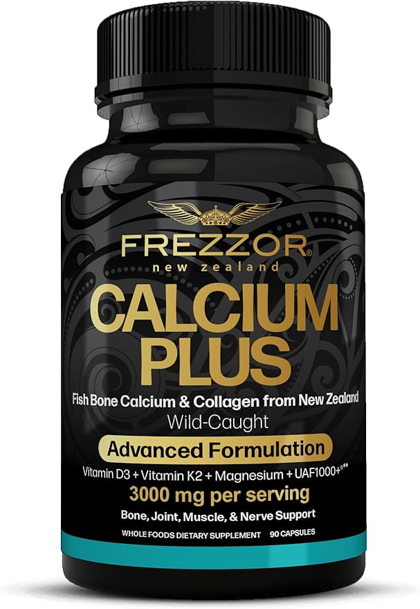 FREZZOR Calcium Plus with UAF1000+ New Zealand Natural Raw Calcium Supplement for Bones Teeth Gut Health &amp Cardiovascular Support Phosphorus Magnesium Collagen Selenium 90 Capsules 1 Bot
