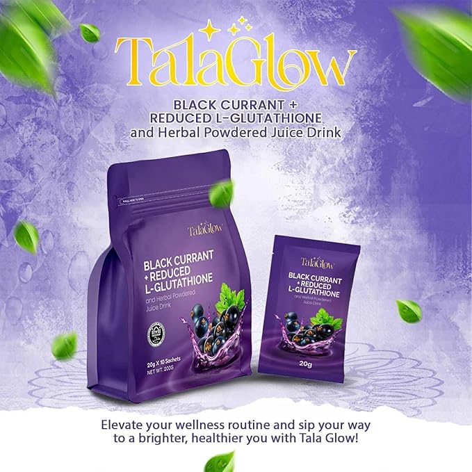 TalaGlow BLACK CURRANT + REDUCED L-GLUTATHIONE and Herbal Powdered Juice Drink 10 Sachets x 20g