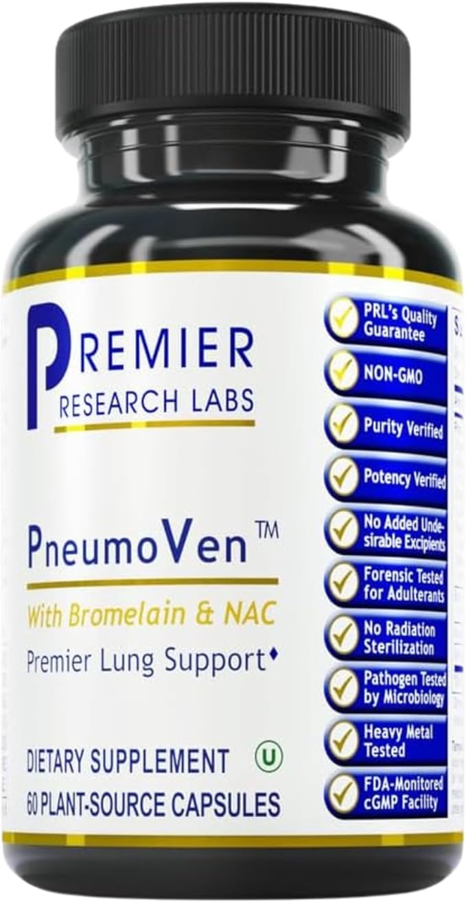 Premier Research Labs PneumoVen - Lung Support Supplement w/Bromelain &amp NAC Lung Health Support Vitamins Lung Cleanse - 60 Capsules