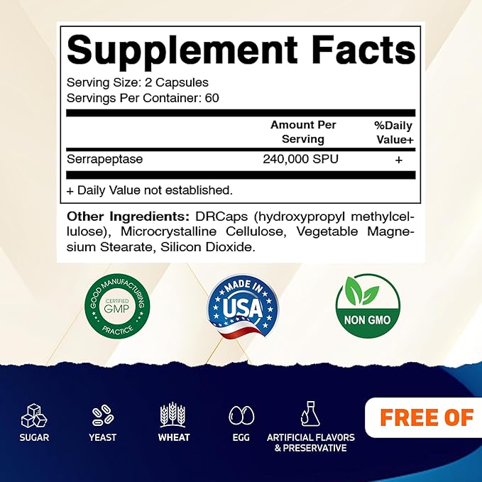 Vitamatic Serrapeptase 240000 SPU Servings 120 Delayed Released Capsules - Enteric Coated - Non-GMO- Made in the USA (120 Count (Pack of 2))