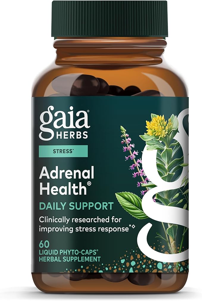 Gaia Herbs Adrenal Health Daily Support - Herbal Supplement with Ashwagandha Holy Basil &amp Schisandra - Help Maintain Healthy Energy &amp Stress Levels* - 60 Vegan Liquid Phyto-Caps (30 Servings)