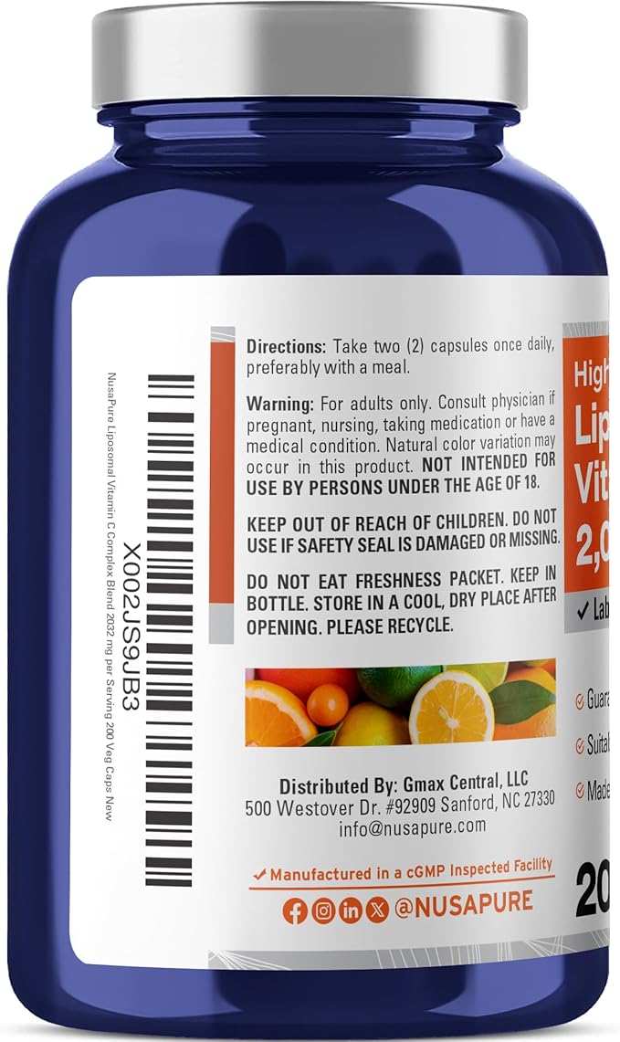 NusaPure Liposomal Vitamin C 2032mg - 200 Veggie Vegan Capsules BioPerine - High Absorption Ascorbic Acid