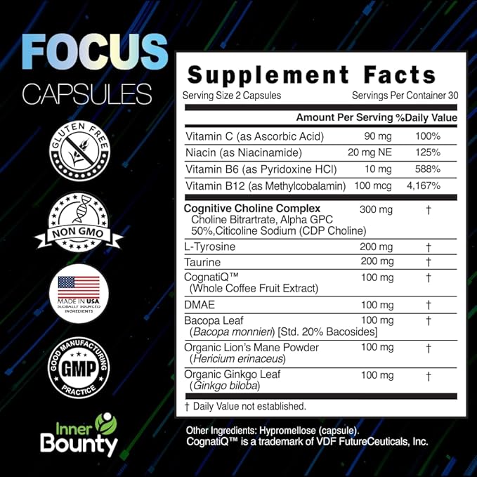 Focus 14-in-1 Nootropic Brain Supplement with Lions Mane Alpha GPC Choline Vitamin C &amp B12 Taurine Bacopa - Energy Cognitive Memory Support 60 Filler Free Capsules