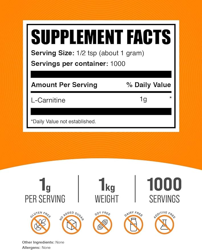 BulkSupplements.com L-Carnitine Powder - Carnitine Supplement Amino Acid Supplement - Unflavored &amp Gluten Free 1g per Serving 1kg (2.2 lbs) (Pack of 1)