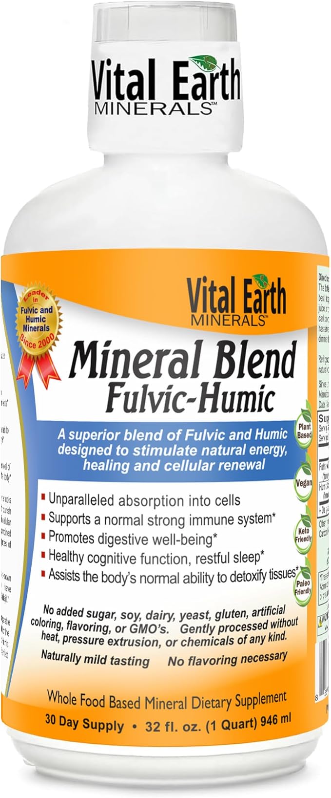 Vital Earth Minerals Fulvic Humic Mineral Blend Liquid – Fulvic Acid Supplement with 70+ Trace Minerals Electrolytes for Recovery Balance &amp Energy 32 Oz + 1 Oz Cup