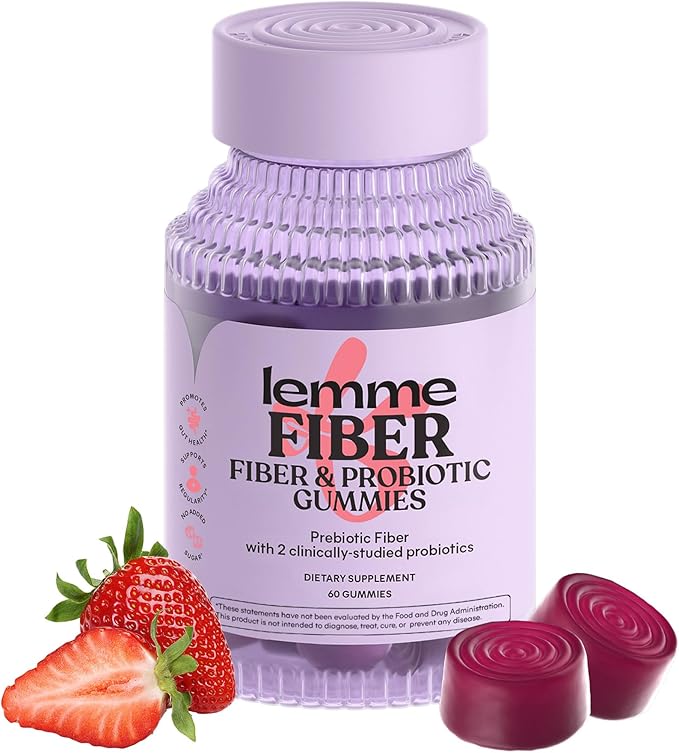 Lemme Fiber &amp Probiotic Gummies for Adults Promotes Regularity &amp Digestive Health No Sugar Added Strawberry Flavor 4g Prebiotic Fiber &amp Clinically Studied Probiotic Strains (60 Count)