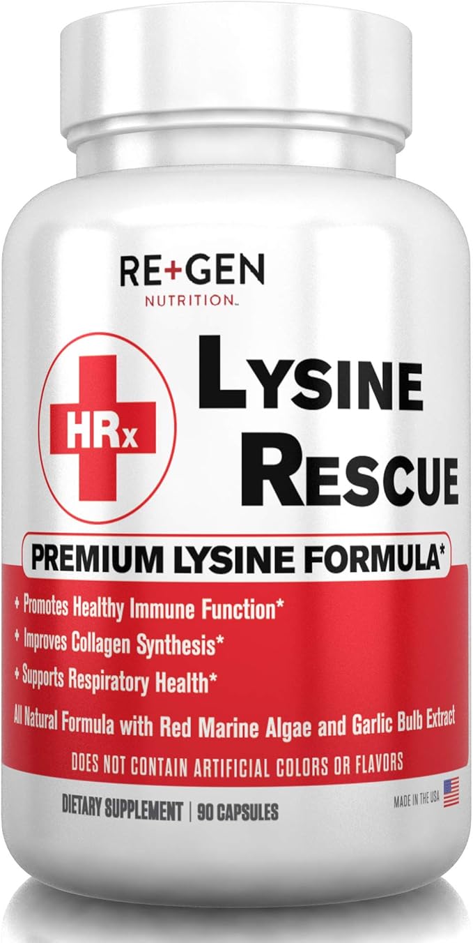 Re+Gen Nutrition Lysine Rescue Amino Acid Supplement for Stronger Immune Health &amp Collagen Synthesis in Women &amp Men Promotes Lips &amp Skin Health Natural Pure L-lysine 90 Capsules 45 D