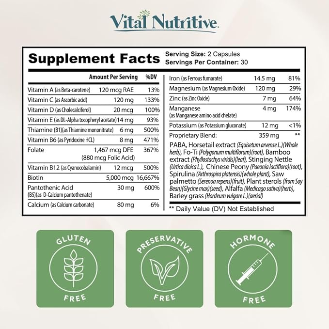 VITAL NUTRITIVE Vital Hair Complex – Biotin &amp Vitamin B Hair Vitamins for Women &amp Men – Supports Healthy Hair Skin &amp Nails – Hormone-Free Gluten-Free – Hair Supplement for Women &amp Me