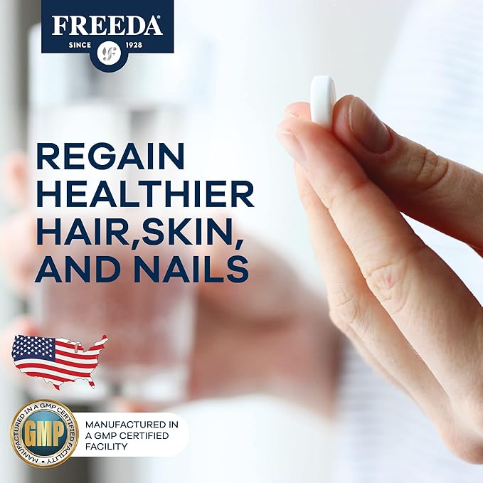 FREEDA Biotin 10000 mcg – Hair Skin &amp Nails Supplement – High-Potency B7 for Hair Growth &amp Strong Nails – Vegan Kosher Tablets with D-Biotin – 100 Tiny Tablet