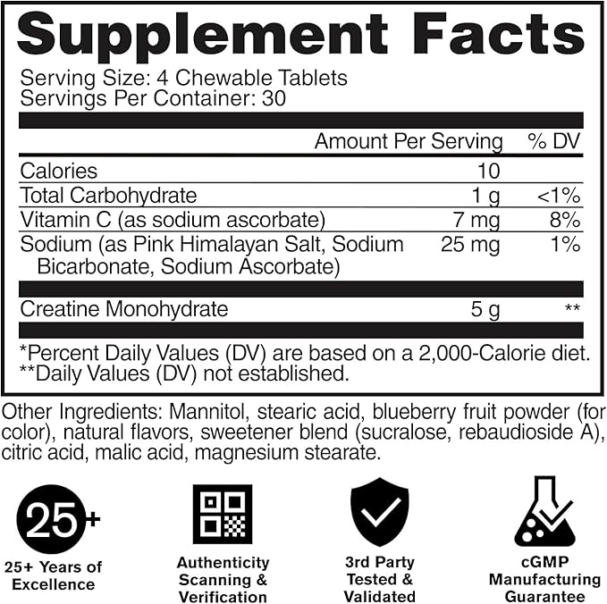 GAT SPORT Creatine Chews Zero Sugar 5g Pure Creatine Monohydrate 3rd Party Tested Brain Health Muscle Strength Anti-oxidant Support for Men &amp Women 30 Servings (Grape Cotton Candy)